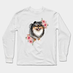 Blue Pomeranian Puppy Dog Watercolor Art Long Sleeve T-Shirt